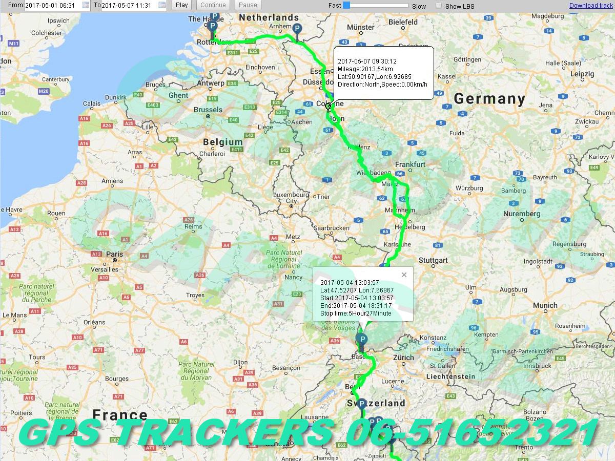 GAPRS   gebruiksklare magnetische gps tracker voor aanhanger kaart  route naar zuid Europa